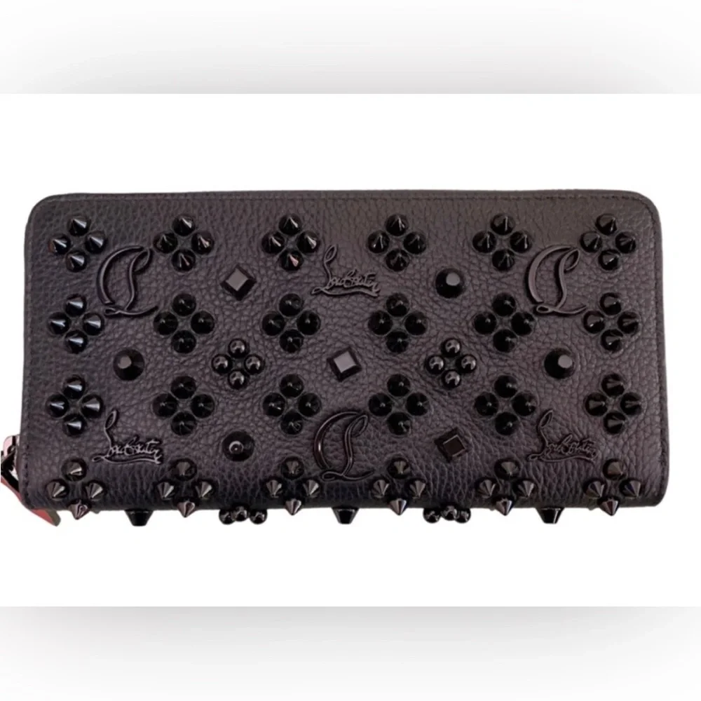 Like New Used Twice Christian Louboutin Black Studded Zip Wallet with Red Accent